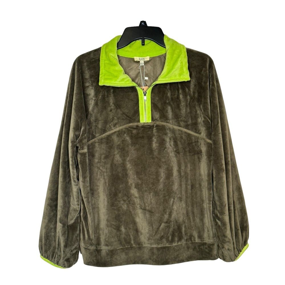 Kori America Women's Top Half Zip Velvet ‎ Pullover Long Sleeve Green Small NWT